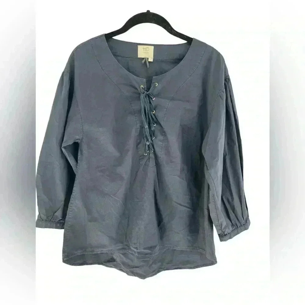 Anthropologie HD In Paris Lace Up Navy Blue Blouse Size Small